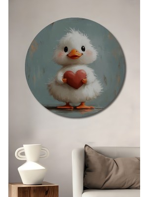 Teona Ahşap Sevgi Dolu Yavru Ördek Yağlı Boya Görünümlü Dekoratif Ahşap Tablo Yuvarlak Duvar Tablosu