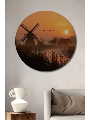 Teona Ahşap Batan Güneş Yeli Yel Değirmeni Ahşap Dekoratif Tablo Yuvarlak Duvar Tablosu