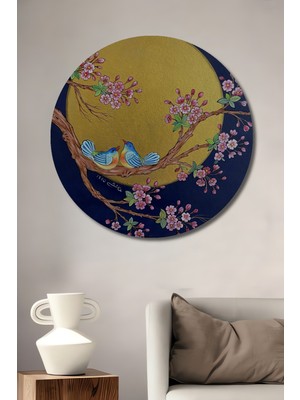 Teona Ahşap Iki Sevgili Kuş Bahar Dalı Üzerinde Yağlı Boya Görünümlü Dekoratif Ahşap Tablo Yuvarlak Duvar Tablosu