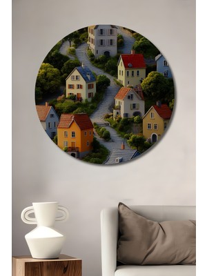 Teona Ahşap Bahar Yeşili Tepelerde Renkli Evler Yağlı Boya Görünümlü Dekoratif Ahşap Tablo Yuvarlak Duvar Tablosu