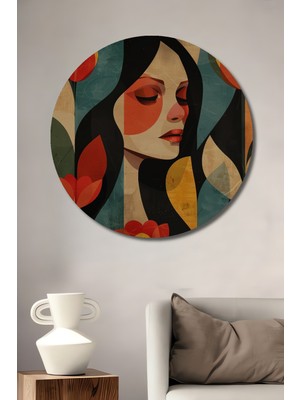 Teona Ahşap Gızemlı Kadın Çiçekli Modern Sanat Ahşap Tablo Yuvarlak Duvar Tablosu