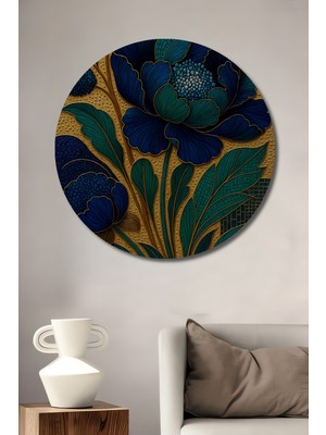 Teona Ahşap Altın Zemin Üzerinde Mavi Şakayik Yağlı Boya Görünümlü Dekoratif Ahşap Tablo Yuvarlak Duvar Tablosu