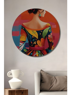 Teona Ahşap Renkli Çiçek Desenli Kadın Portresi Yağlı Boya Görünümlü Ahşap Dekoratif Tablo Yuvarlak Duvar Tablosu