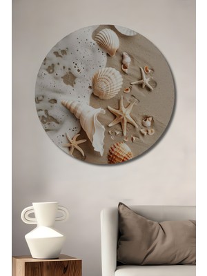 Teona Ahşap Deniz Kabuğu ve Deniz Yıldızı Kompozisyonu Ahşap Dekoratif Tablo Yuvarlak Duvar Tablosu