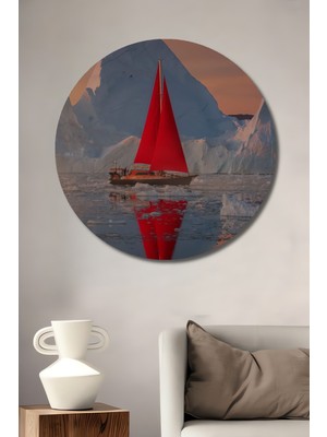 Teona Ahşap Kızıl Yelkenli Buzul Denizinde Modern Sanat Ahşap Dekoratif Tablo Yuvarlak Duvar Tablosu