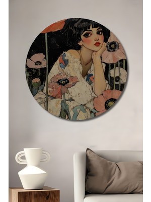 Teona Ahşap Arty Poppies Yağlı Boya Görünümlü Dekoratif Ahşap Tablo Yuvarlak Duvar Tablosu