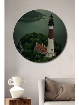 Teona Ahşap Gızemlı Deniz Feneri Yağlı Boya Görünümlü Ahşap Dekoratif Tablo Yuvarlak Duvar Tablosu