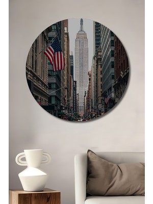 Teona Ahşap Empire State Binası Görünümlü Yağlı Boya Sanat Tablosu Yuvarlak Duvar Tablosu