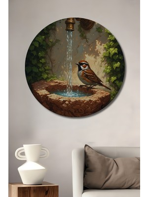 Teona Ahşap Bahçe Çeşmesi Başında Serçe Suluboya Görünümlü Ahşap Dekoratif Tablo Yuvarlak Duvar Tablosu
