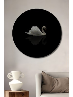 Teona Ahşap Beyaz Kuğu Sanat Ahşap Dekoratif Tablo Yuvarlak Duvar Tablosu