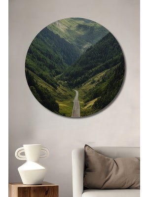 Teona Ahşap Yeşil Vadi Manzarası Yağlı Boya Görünümlü Ahşap Dekoratif Tablo Yuvarlak Duvar Tablosu
