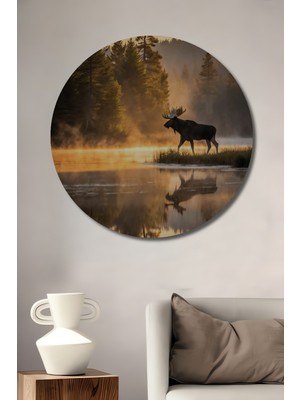Teona Ahşap Muhteşem Geyik ve Orman Manzarası Yağlı Boya Görünümlü Ahşap Dekoratif Tablo Yuvarlak Duvar Tablosu