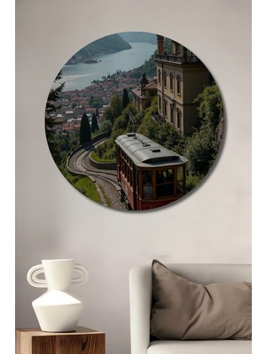 Teona Ahşap Retro Tram Manzaralı Ahşap Dekoratif Tablo Yuvarlak Duvar Tablosu