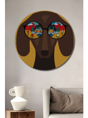 Teona Ahşap Süper Kahraman Köpek Gözlüklerinde Kamp Hayatı Görünümlü Dekoratif Ahşap Tablo Yuvarlak Duvar Tablosu
