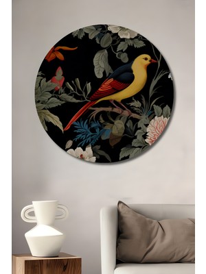 Teona Ahşap Muhteşem Kanatlı Kuş ve Canlı Çiçekler Yağlı Boya Görünümlü Ahşap Dekoratif Tablo Yuvarlak Duvar Tablosu