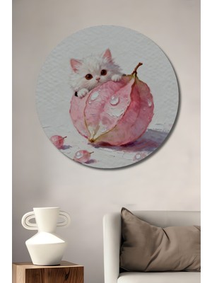 Teona Ahşap Sevimli Pamuk Kedi ve Pembe Çiçek Yağlı Boya Görünümlü Dekoratif Ahşap Tablo Yuvarlak Duvar Tablosu