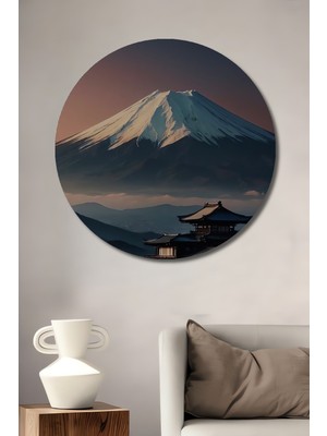 Teona Ahşap Gızemlı Japon Tapınağı Fuji Dağı Manzaralı Sulu Boya Görünümlü Ahşap Dekoratif Tablo Yuvarlak Duvar Tablosu