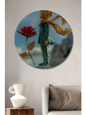 Teona Ahşap Küçük Prens ve Kırmızı Gül Origami Sanat Tablosu Yuvarlak Duvar Tablosu