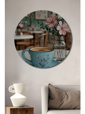 Teona Ahşap Çizgi Film Çiçekli Fincan Sulu Boya Görünümlü Ahşap Dekoratif Tablo Yuvarlak Duvar Tablosu