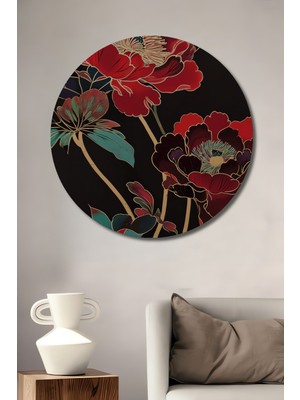 Teona Ahşap Zarif Kırmızı Şakayıklar Sulu Boya Görünümlü Dekoratif Ahşap Tablo Yuvarlak Duvar Tablosu