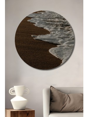 Teona Ahşap Denizin Köpüklü Sahil Manzarası Yağlı Boya Görünümlü Ahşap Dekoratif Tablo Yuvarlak Duvar Tablosu