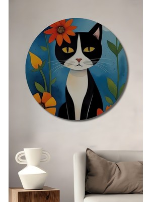 Teona Ahşap Şirin Kedi ve Turuncu Çiçekler Sulu Boya Görünümlü Dekoratif Ahşap Tablo Yuvarlak Duvar Tablosu