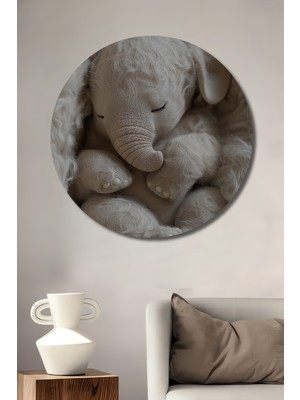Teona Ahşap Uyuyan Fil Yavrusu Sulu Boya Görünümlü Ahşap Dekoratif Tablo Yuvarlak Duvar Tablosu
