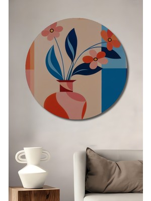 Teona Ahşap Canlı Renkler Ile Çiçekler ve Vazo Soyut Sanat Tablo Yuvarlak Duvar Tablosu
