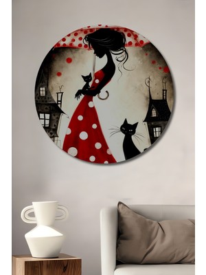 Teona Ahşap Kırmızı Puantiyeli Elbiseli Kedi Aşık Kadın Yağlı Boya Görünümlü Dekoratif Ahşap Tablo Yuvarlak Duvar Tablosu