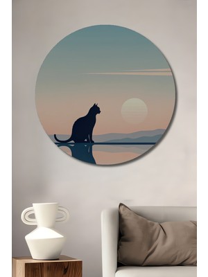 Teona Ahşap Siyah Kedi Gün Batımı Silüet Ahşap Dekoratif Tablo Yuvarlak Duvar Tablosu