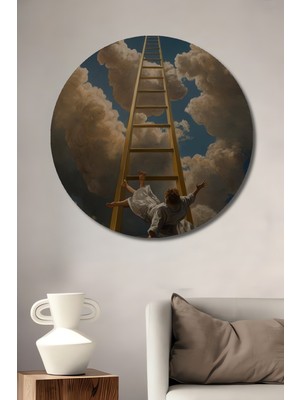Teona Ahşap Altın Merdivenlerden Göğe Yükseliş Yağlı Boya Görünümlü Ahşap Dekoratif Tablo Yuvarlak Duvar Tablosu