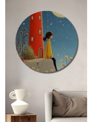 Teona Ahşap Kız Çocuklu Kırmızı Deniz Feneri Sulu Boya Görünümlü Dekoratif Ahşap Tablo Yuvarlak Duvar Tablosu