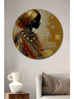Teona Ahşap Afrikalı Kadın Portresi Yağlı Boya Görünümlü Dekoratif Ahşap Tablo Yuvarlak Duvar Tablosu
