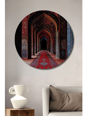 Teona Ahşap Kızıl Ihtişamlı Osmanlı Mimari Salonu Yağlı Boya Görünümlü Ahşap Dekoratif Tablo Yuvarlak Duvar Tablosu