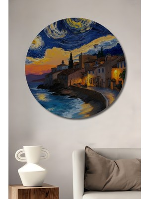 Teona Ahşap Yıldızlı Gece Sahili Yağlı Boya Görünümlü Ahşap Dekoratif Tablo Yuvarlak Duvar Tablosu