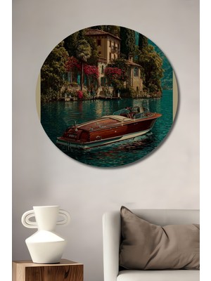 Teona Ahşap Lake Como Retro Sanat Ahşap Dekoratif Tablo Yuvarlak Duvar Tablosu