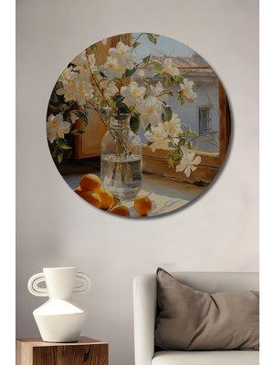 Teona Ahşap Aydınlık Pencere Kenarı Beyaz Çiçek ve Turunçlar Yağlı Boya Görünümlü Dekoratif Ahşap Tablo Yuvarlak Duvar Tablosu