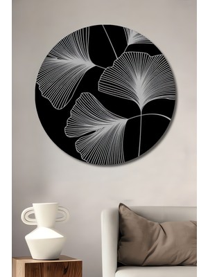 Teona Ahşap Minimalist Ginkgo Yaprakları Çizim Görünümlü Ahşap Dekoratif Tablo Yuvarlak Duvar Tablosu
