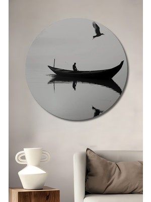 Teona Ahşap Siyah Beyaz Tekne Kuş Silüeti Ahşap Dekoratif Tablo Yuvarlak Duvar Tablosu