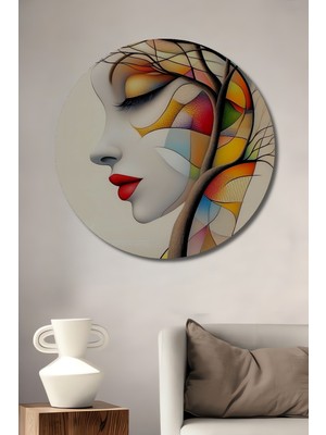 Teona Ahşap Soyut Kadın Portresi Yağlı Boya Görünümlü Ahşap Dekoratif Tablo Yuvarlak Duvar Tablosu