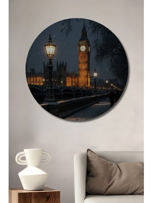 Teona Ahşap Büyük Saat Kulesi Manzarası Kış Işıltısı Yağlı Boya Görünümlü Ahşap Dekoratif Tablo Yuvarlak Duvar Tablosu