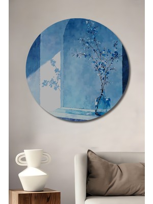 Teona Ahşap Mavi Dalgalı Suluboya Görünümlü Çiçekli Vazo Ahşap Dekoratif Tablo Yuvarlak Duvar Tablosu