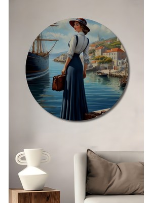 Teona Ahşap Retro Kadın ve Yelkenli Ahşap Tablo Yuvarlak Duvar Tablosu