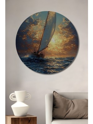 Teona Ahşap Görkemli Yelkenli Gün Batımı Yağlı Boya Görünümlü Ahşap Dekoratif Tablo Yuvarlak Duvar Tablosu