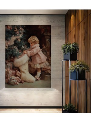 Teona Ahşap Küçük Kız ve Noel Çorabı Yağlı Boya Görünümlü Ahşap Dekoratif Ev,antre,salon,ofis,mutfak Tablo