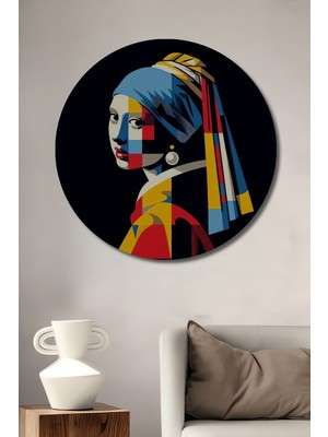 Teona Ahşap Inci Küpeli Kız Geometrik Sanat Ahşap Dekoratif Tablo Yuvarlak Duvar Tablosu
