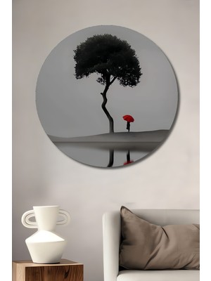 Teona Ahşap Kırmızı Şemsiyeli Figür ve Dalgalı Ağaç Yağlı Boya Görünümlü Soyut Sanat Dekoratif Ahşap Tablo Yuvarlak Duvar Tablosu