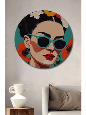 Teona Ahşap Frida Kahlo Çiçekli Saçlı Kadın Yağlı Boya Görünümlü Ahşap Dekoratif Tablo Yuvarlak Duvar Tablosu