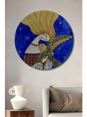 Teona Ahşap Peri Kızı Kuş Sevgi Sulu Boya Görünümlü Ahşap Dekoratif Tablo Yuvarlak Duvar Tablosu