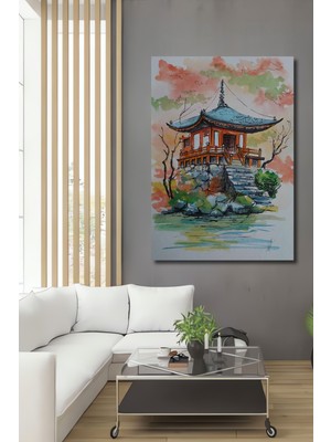 Teona Ahşap Japon Pagodası Sulu Boya Görünümlü Dekoratif Ahşap Ev,antre,salon,ofis,mutfak,yatak Odası Tablo